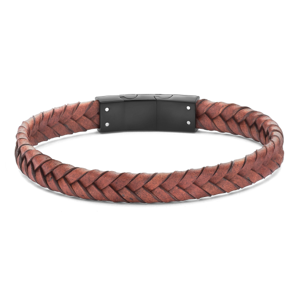 Frank 1967 Armband Echtleder Braun Geflochten Edelstahl IPB - 9,00mm