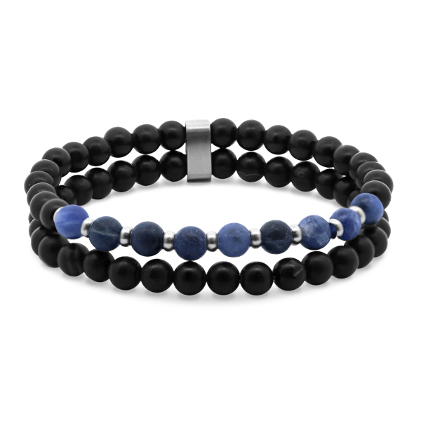 Frank 1967 Armband 2-reihig Edelstahl IPS - Schwarzer Achat und blauer Lapislazuli - 8mm