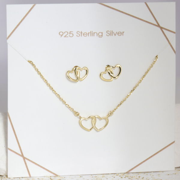 Set Collier & Ohrstecker Herz Silber 925 vergoldet - Anhänger 12x7mm