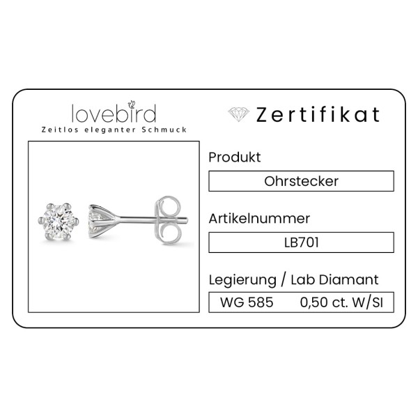 Lovebird Ohrstecker Weißgold 585 - Lab Grown Brillanten 0,50 ct - 6 Stotzen Fassung - Bild 2