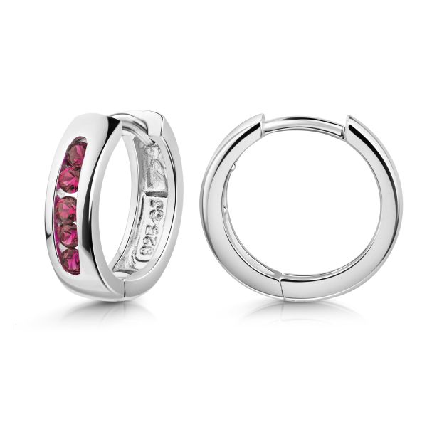 Klappcreolen Silber 925 rhodiniert - Ø 13mm - 10 Zirkonia rot