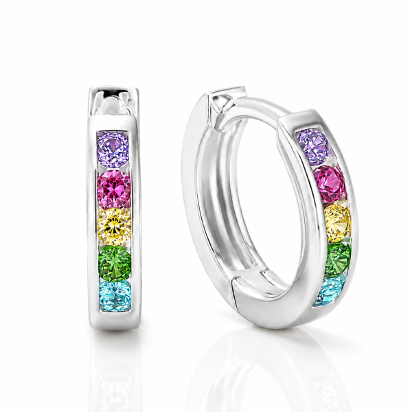 Klappcreolen Silber 925 rhodiniert - Ø 11,5mm - 10 Zirkonia Multicolor