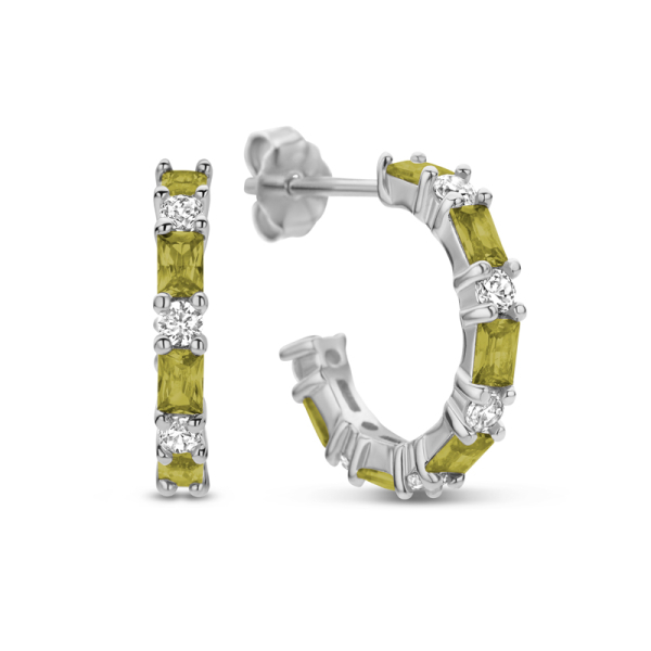 Ohrstecker Creolen mit 24 Zirkonia Silber 925 rhodiniert - Ø 14mm - Olivgrün