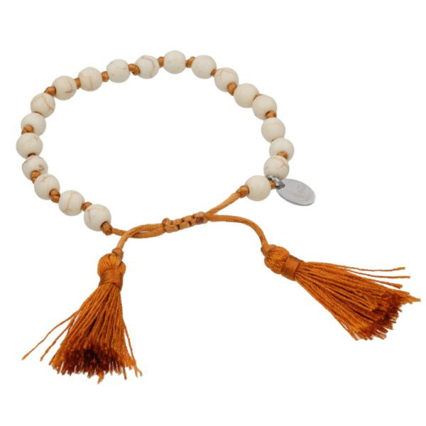 Lovebird Naturstein-Armband mit Kordel und Quasten - Cognac