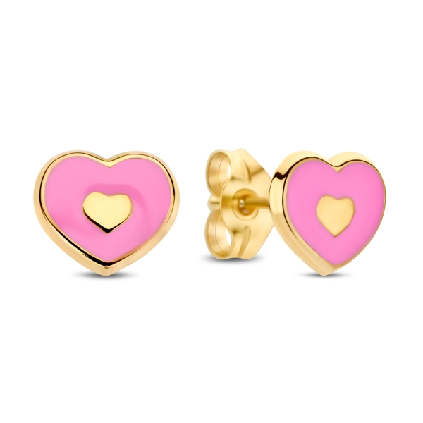 Ohrstecker Herz Gold 585 - Lack rosa - 6,5mm