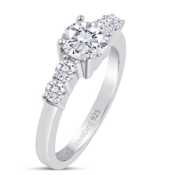 Lovebird Damenring Silber 925 rhodiniert - 5 Zirkonia - 101 Facetten