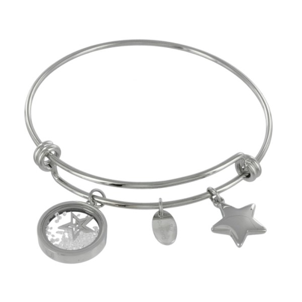 Lovebird Charm-Armreif mit Stern, Doppelstern und runder Zirkonia-Platte Edelstahl IPS
