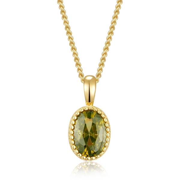 Collier mit Anhänger oval Zirkonia olivfarben Silber 925 vergoldet - Zirkonia 5x7mm