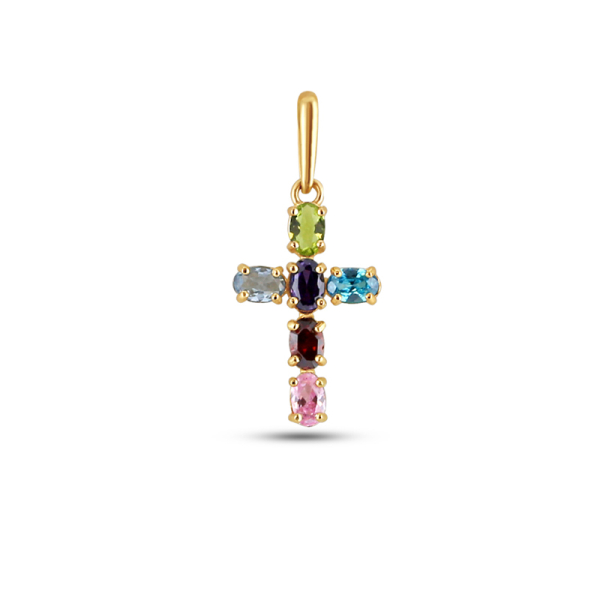 Collier Kreuz Gold 585 - 6 bunte Zirkonia - Bild 2