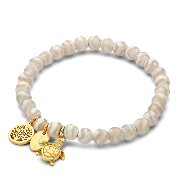 Lovebird Armband Achat weiß/beige Edelstahl IPG - Lebensbaum und Schildkröte