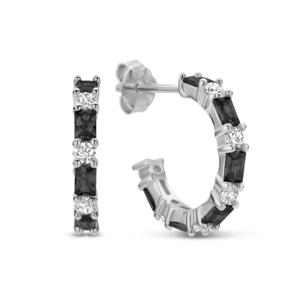 Ohrstecker Creolen mit 24 Zirkonia Silber 925 rhodiniert - Ø 14mm - Schwarz