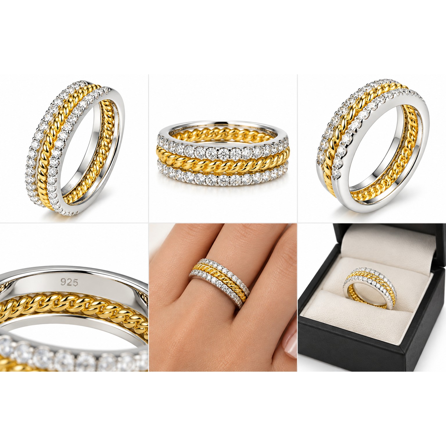 3er Damenring Set Silber 925 Bicolor - 18 Karat vergoldet - 40 Zirkonia - Bild 2