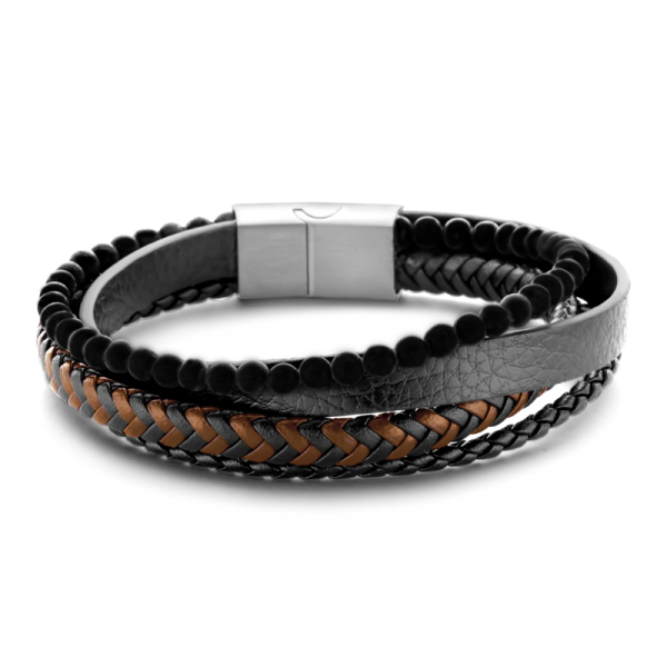 Frank 1967 Armband Echtleder Schwarz und Braun 4-reihig Edelstahl - Schwarzer Achat