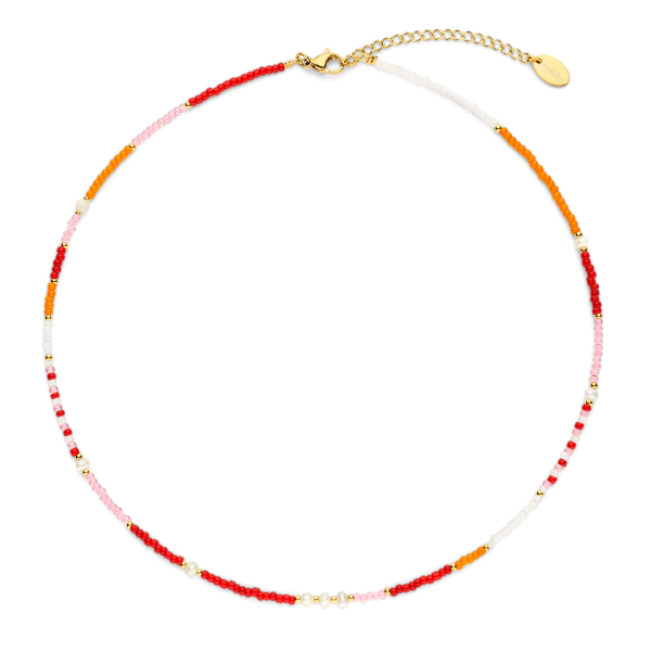 Lovebird Collier Glasbeads rosa/rot/orange Edelstahl IPG - Süßwasser-Zuchtperle