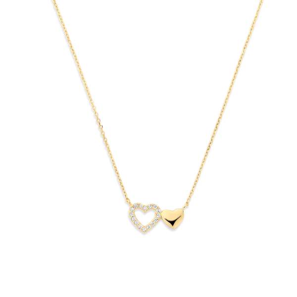 Collier zwei Herzen Gold 585 - Hochglanz und Zirkonia - Herz 4,50mm und 6,50mm hoch