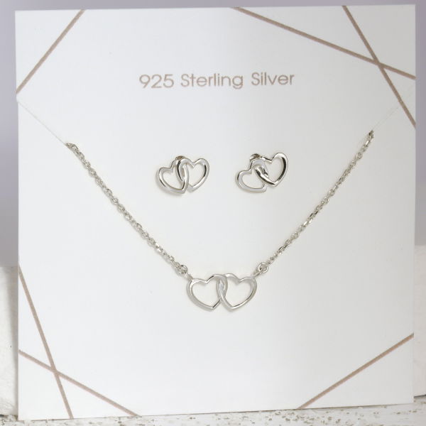Set Collier & Ohrstecker Herz Silber 925 rhodiniert - Anhänger 12x7mm