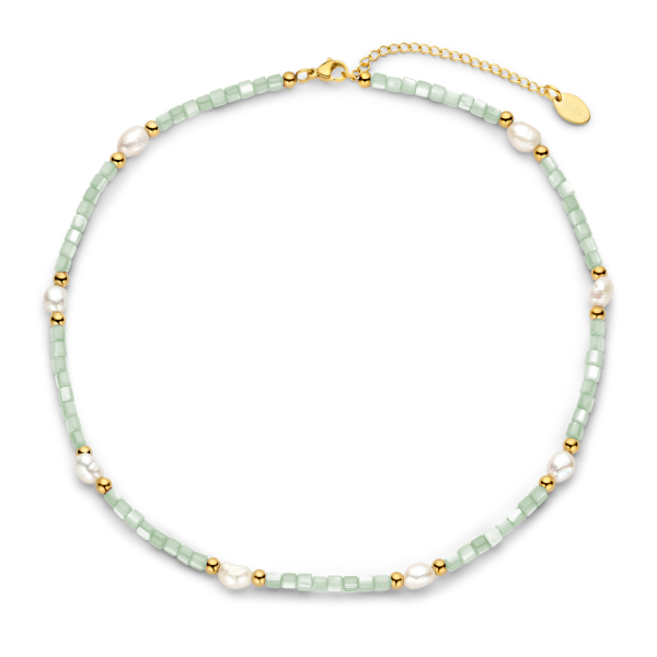 Lovebird Collier mit Süßwasser-Zuchtperlen und MOP türkis Edelstahl IPG