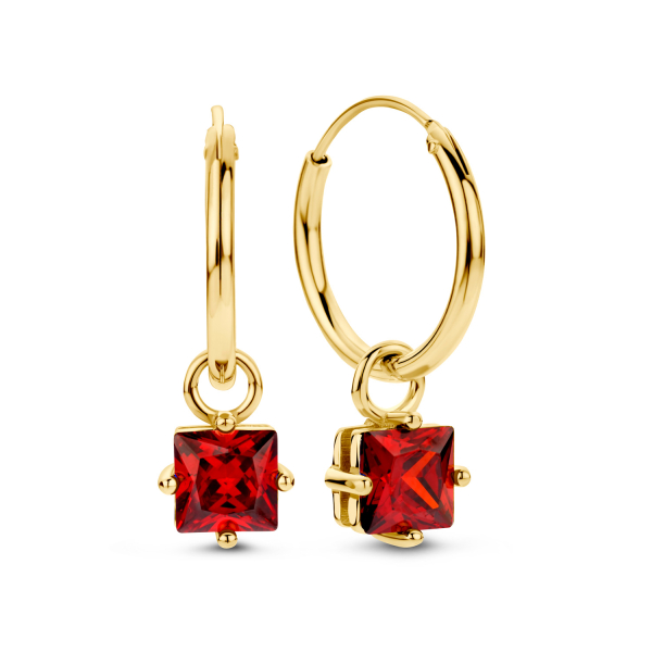 Creolen 15mm mit Zirkonia-Anhänger Rot Silber 925 vergoldet - Zirkonia 6x6mm