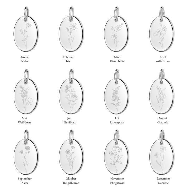 Anhänger oval mit Geburtsblume Silber 925 - Monat wählbar