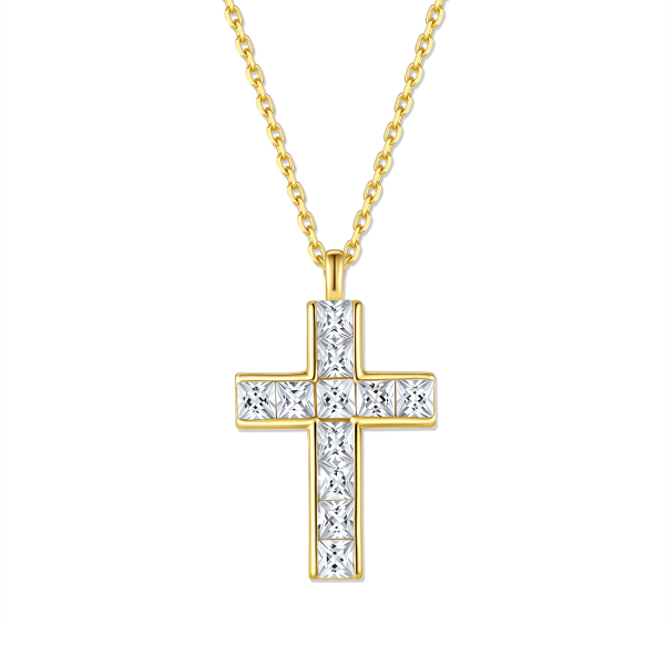 Collier Kreuz mit 11 Zirkonia Silber 925 vergoldet - Kreuz 14,5x10,5mm