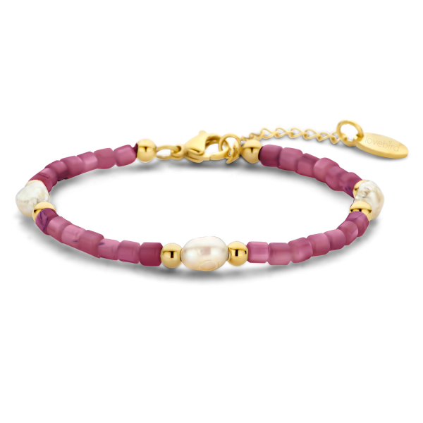Lovebird Armband mit Süßwasser-Zuchtperlen und rotem Perlmutt Edelstahl - Goldfarben