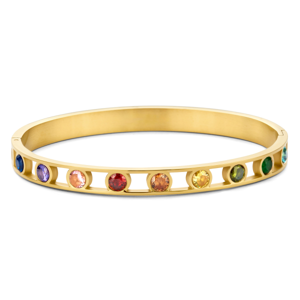 Lovebird Armreif mit 9 Zirkonia Rainbow Edelstahl - Goldfarbene IP-Beschichtung