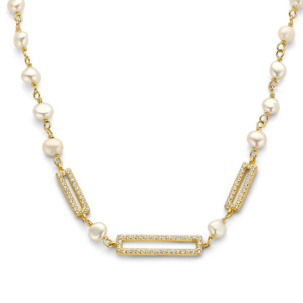 Collier mit Süßwasser-Zuchtperle und 82 Zirkonia Silber 925 vergoldet - 4-4,5mm