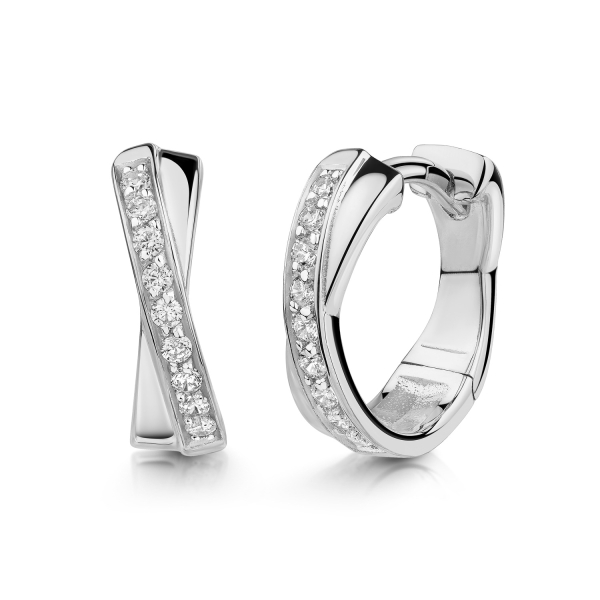 Klappcreolen Silber 925 rhodiniert - Ø 13mm - 18 Zirkonia - Hochglanz