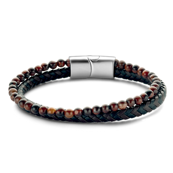 Frank 1967 Armband Echtleder Schwarz und Braun 2-reihig Edelstahl - Tigerauge