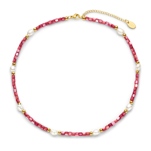 Lovebird Collier mit Süßwasser-Zuchtperlen und MOP rot Edelstahl IPG