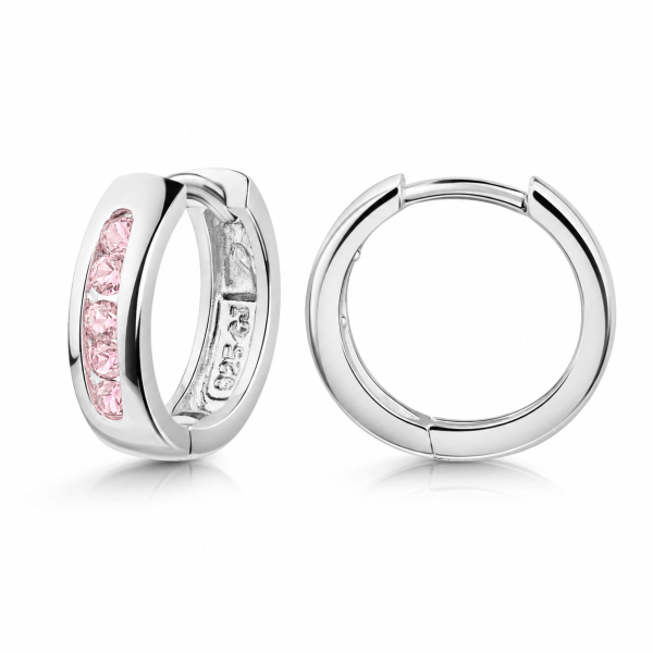 Klappcreolen Silber 925 rhodiniert - Ø 13mm - 10 Zirkonia rosa