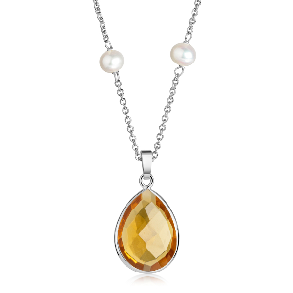 Collier mit gelbem Quarz und Süßwasser-Zuchtperle Silber 925 - Quarz 17x13mm
