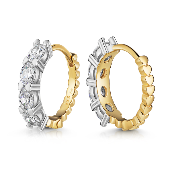 Klappcreolen mit 8 Zirkonia Silber 925 Bicolor - 16mm x 3mm