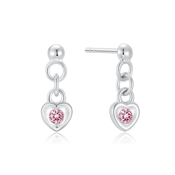 Ohrstecker Herz Silber 925 rhodiniert - Zirkonia pink - Mit Halbkugel