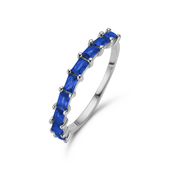 Damenring Silber 925 rhodiniert - 9 Zirkonia Saphirblau - Baguetteschliff