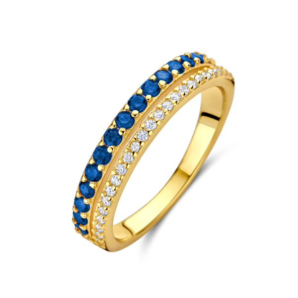 Damenring Silber 925 vergoldet - 41 Zirkonia - Blau und Weiß