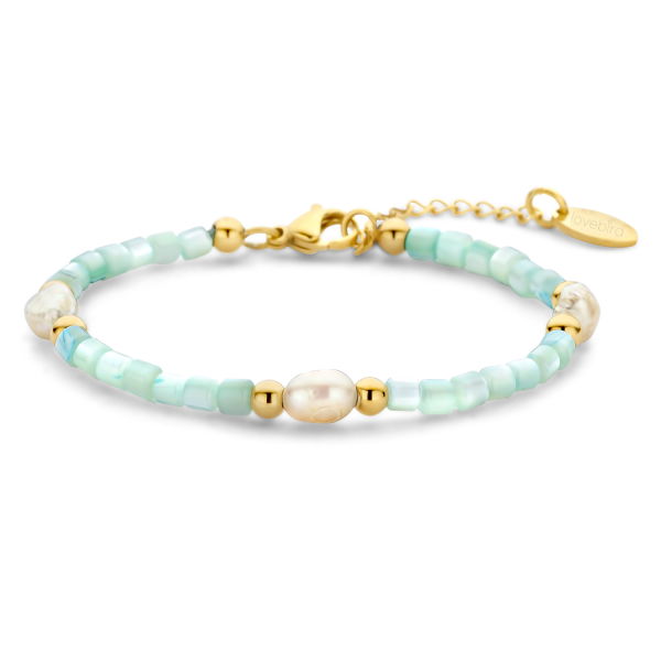 Lovebird Armband mit Süßwasser-Zuchtperlen und türkisem Perlmutt Edelstahl - Goldfarben