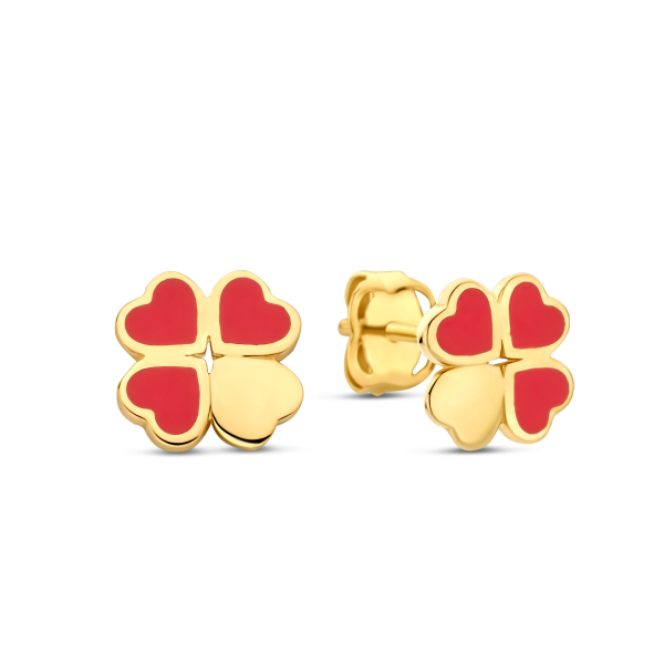 Ohrstecker Kleeblatt Herzen Gold 585 - Lack Rot