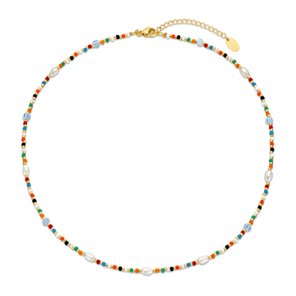 Lovebird Collier Glasbeads Farbenmix Edelstahl IPG - Süßwasser-Zuchtperle