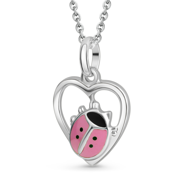 Anhänger Herz mit Marienkäfer Silber 925 rhodiniert - Rosa und schwarz emailliert
