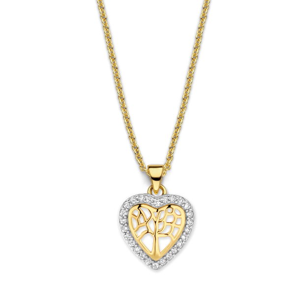 Collier mit Anhänger Herz Lebensbaum Silber 925 vergoldet - 26 Zirkonia
