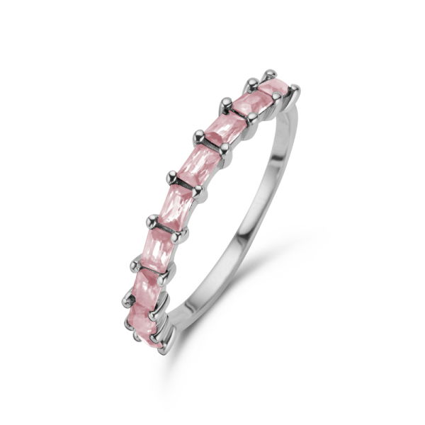 Damenring Silber 925 rhodiniert - 9 Zirkonia Pink - Baguetteschliff