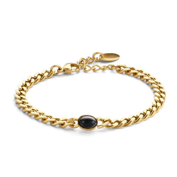 Lovebird Armband mit schwarzem Achat Edelstahl - Goldfarbene IP-Beschichtung - Breit
