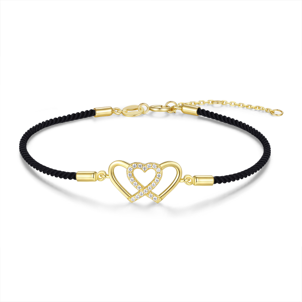 Textilarmband schwarz Silber 925 vergoldet - Herzen - 21 Zirkonia