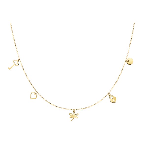 Collier mit 5 Einhängern Gold 333 - Herz, Libelle, Schloss, Schlüssel und runde Platte