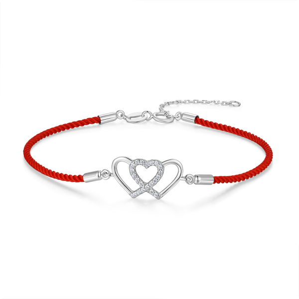 Textilarmband rot Silber 925 rhodiniert - Herzen - 21 Zirkonia