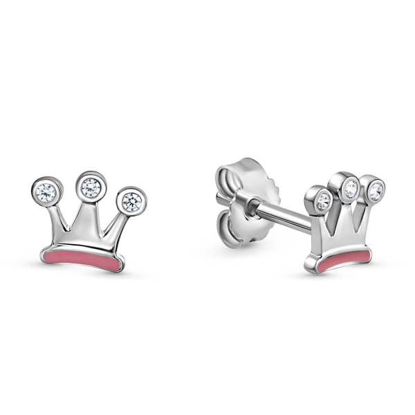 Ohrstecker Krone Silber 925 rhodiniert - Rosa emailliert - 6 Zirkonia
