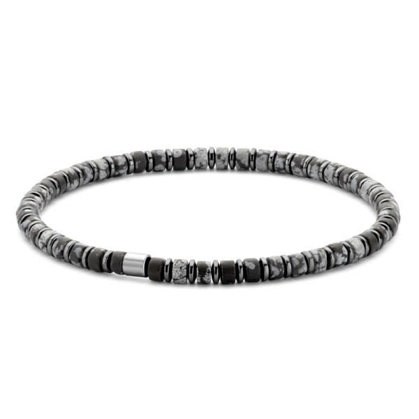 Frank 1967 Armband Edelstahl IPB - Hämatit-Scheiben und Schneeflocken-Obsidian-Perlen
