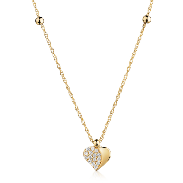 Collier 2 Kugeln und Herz-Anhänger 15 Zirkonia Gold 333 - Doppel-Ankerkette 45cm