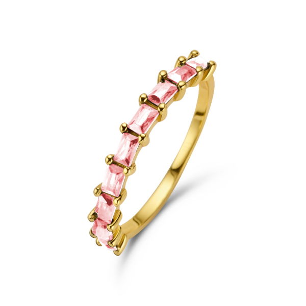 Damenring Silber 925 vergoldet - 9 Zirkonia Pink - Baguetteschliff